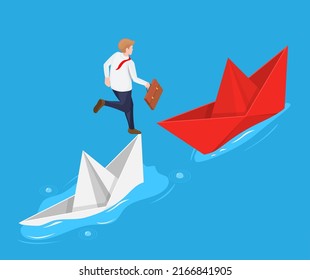 Businessman Escape From Sinking Paper Ship Vector Illustration. Business And Bailout From Bankruptcy Concept