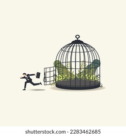 Businessman escaped from opened cage vector illustration