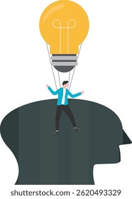 Businessman escapes from the abyss of the brain, stands on a hot air balloon and flies to the sky and looks into the distance through a telescope to plan the future, business idea

