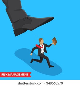 Businessman escapes from the big foot. Business Concept risk management isometric illustration style. Isolated on blue background
