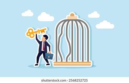 A businessman escapes from a cage holding a key, illustration of overcoming business challenges with the solutions found