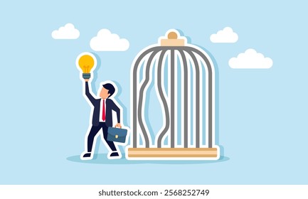 A businessman escapes from a cage holding a lamp, illustration of overcoming business challenges through the use of creative ideas and innovation