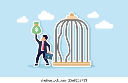 A businessman escapes from a pen showing a bag of money, illustration of overcoming business challenges due to the company's strong and stable finances