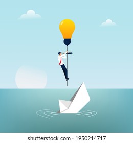 Businessman escapes from sinking paper boat by light bulb symbol. Business concept vector illustration.