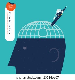 Businessman escaping a brain. Vector illustration Eps10 file. Global colors. Text and Texture in separate layers.