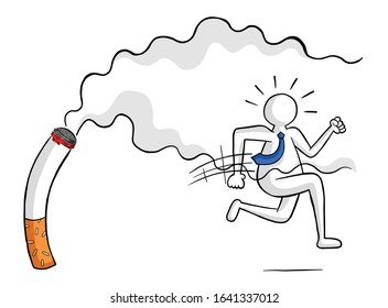 Businessman escaping from cigarette and smoke vector illustration. Black outlines and colored, white background.