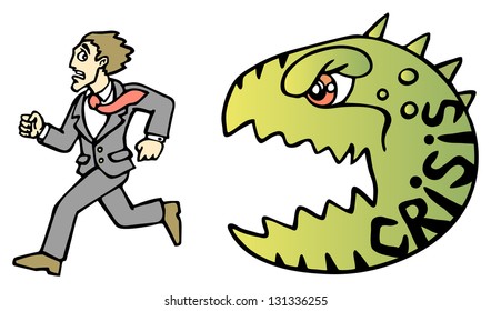Businessman escaping from the crisis. Businessman and monster. Vector illustration.