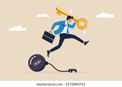 Businessman escaping debt with a golden key, symbolizing financial freedom, overcoming challenges, and debt relief.
 Concept of success, empowerment, and economic independence.