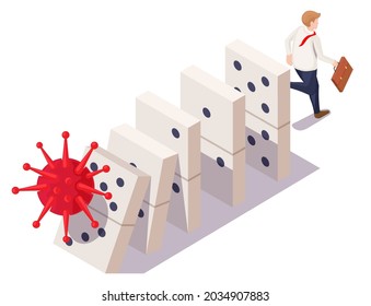 Businessman escaping from falling down dominoes caused by virus, flat vector isometric illustration. Coronavirus business failure, crisis, economic collapse, crash. COVID-19 pandemic domino effect.