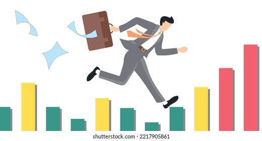 Businessman escaping from inflation. Economic market graph. Vector illustration.