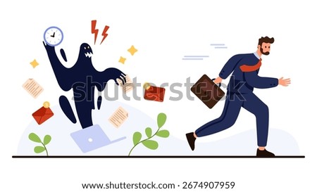Businessman escaping overwhelming workload chased by monster symbolizing deadlines, emails, and stress perfect for concepts of burnout, procrastination, and workplace anxiety isolated on white