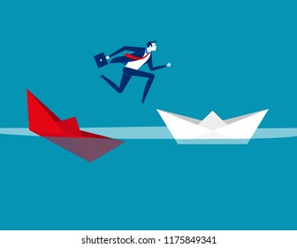 Businessman escaping sunken paper boat ship. Concept business vector illustration, Flat character design, Cartoon business style.