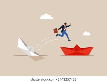 Empresario escapando de un barco de papel hundido debido a la carga de la deuda. Ilustración vectorial plana