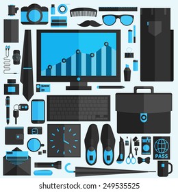 Businessman essentials. Office workflow equipment with various office tools and business objects for personnel to work.
