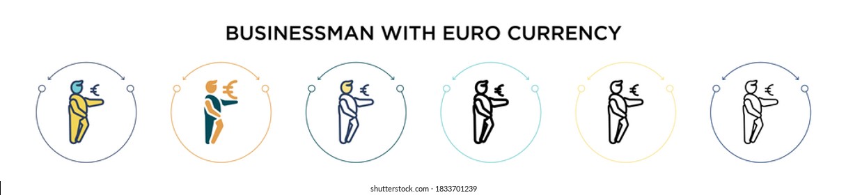 Businessman with euro currency sign icon in filled, thin line, outline and stroke style. Vector illustration of two colored and black businessman with euro currency sign vector icons designs can be 