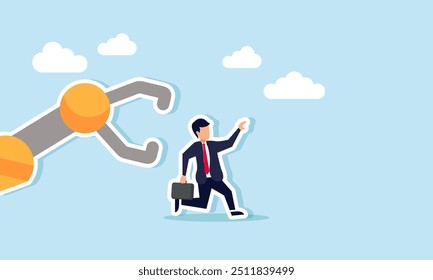 A businessman Evading a robot trying to catch him while running, Illustration concept of AI taking over employee roles or technology replacing human functions