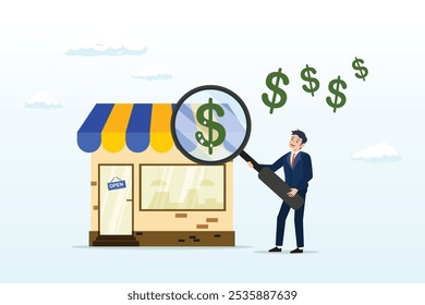 Businessman evaluate company with dollar money, business evaluation, analyse company worth or market value, merger and acquisition to determine corporate valuation, revenue profit or earning concept