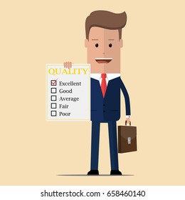 Businessman evaluate excellent quality. Business concept. Vector illustration