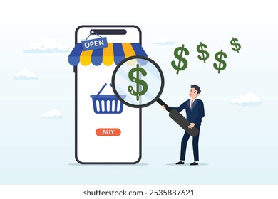 Businessman evaluate online shop with dollar money, business evaluation, analyse company worth, market value, merger and acquisition to determine corporate valuation, revenue profit or earning concept