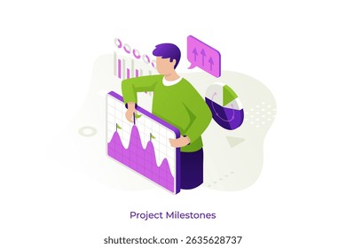 Businessman evaluates project milestones using graph data in a vector illustration in isometric style. Concept includes charts and statistics for business growth and analysis insights.