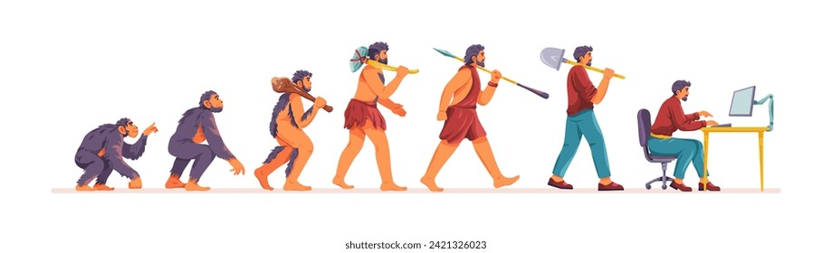 Businessman evolution stages. Human ancestor darwin theory, monkey to ancient man and wealthy capitalist computer worker, history mankind progress vector illustration of human evolution development