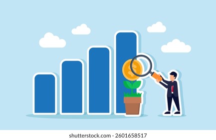 A businessman examines a chart with a blooming dollar coin plant using a magnifying glass, illustration of evaluation and analysis related to business investment performance