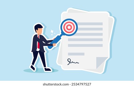 A businessman examines a contract with a magnifying glass showing a target board label, illustration of studying the business targets section in a business agreement