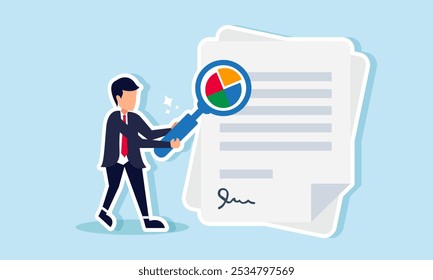 A businessman examines a contract with a magnifying glass labeled with a pie chart, illustrating the review of profit-sharing or workload percentage in a business agreement