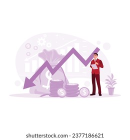 Businessman examines declining company finances using the laptop. Down arrow. Cost Reduction concept. trend modern vector flat illustration 