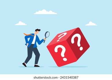 Businessman examines dice with question mark using magnifying glass, illustrating random chance, gambling, risk management, and analyzing opportunities. Concept of predicting unknown and uncertainty