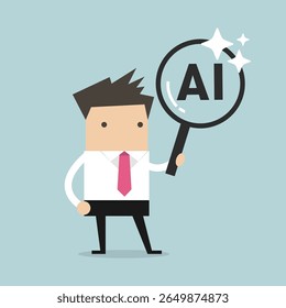 Empresário examinando conceito de inteligência artificial com uma lupa na ilustração de desenho animado.