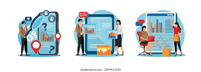 Businessman examining business data on a smart phone using magnifying glass. Business Team discussing data and presenting financial charts. Two women interact with an analytical report display. 