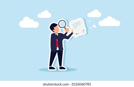 A businessman examining a contract with a magnifying glass, illustrating the study of a business agreement that has been signed.