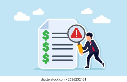 Businessman examining document with dollar list using magnifying glass marked with attention illustration of caution over budgeting to achieve stable company financial condition