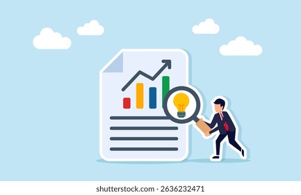 Businessman examining document with graph using magnifying glass marked with lit lamp illustration of applying the right business idea to improve business performance