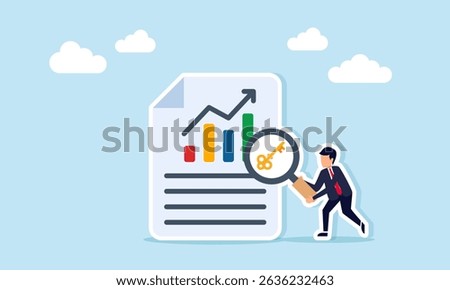 Businessman examining document with graph using magnifying glass marked with key illustration of solution to improve business performance