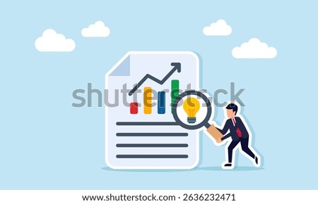 Businessman examining document with graph using magnifying glass marked with lit lamp illustration of applying the right business idea to improve business performance