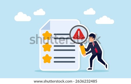 Businessman examining document with star list using magnifying glass marked with attention illustration of importance in improving business quality for competitive advantage