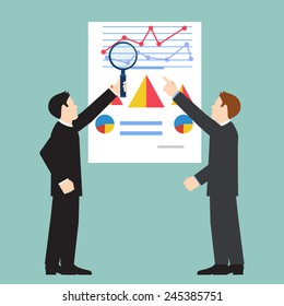 Businessman examining economic statistic, web analytics. Financial examiner. Vector illustration.