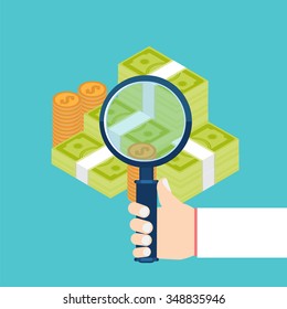 Businessman examining economic statistic, web analytics. Financial examiner. Vector illustration.