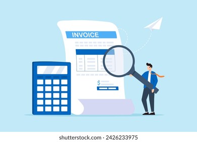 Businessman examining invoice document with magnifier