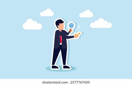 A businessman examining a key with a magnifying glass, illustration of research in analyzing solutions to business problems