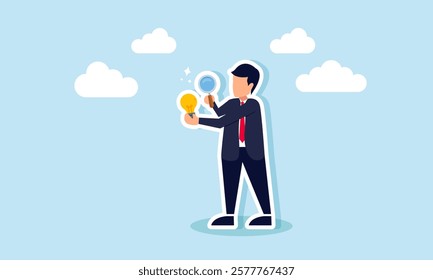 A businessman examining a lightbulb with a magnifying glass, illustration of research in discovering business ideas and innovations