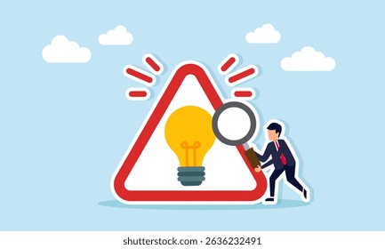 Businessman examining a sign with lights using magnifying glass illustration of monitoring the accuracy of business idea implementation