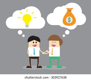 businessman Exchange light bulb idea and gold money. business idea concept. vector. infographics. brain. gray background.