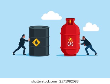 Businessman exchange oil on gas. Partners holding oil barrel and gas cylinder. Sale of petroleum products, fuels and gas. Modern flat vector illustration.