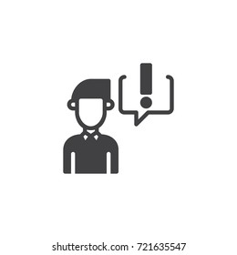Businessman and exclamation mark in speech bubble icon vector, filled flat sign, solid pictogram isolated on white. Symbol, logo illustration.