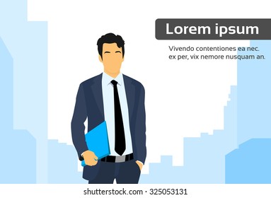 Businessman Executive Business Man over City Skyscraper Flat Vector Illustration
