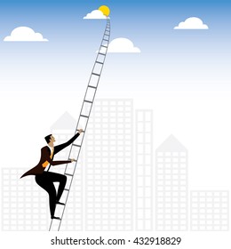 businessman or executive climbing stairs to sky - vector graphic. this ladder graphic also represents concepts like determination & tenacity, persistence & hardwork, ambition & aspiration, drive