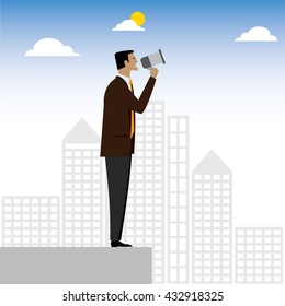 businessman or executive making an announcement - vector graphic. this also represents advertising, warning, announce, speaking, shouting, calling, announcing through megaphone, announcing alarm, warn